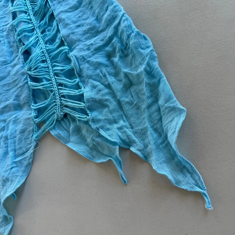 Women's Turquoise Aqua Blue Open Crochet Macrame Knit Pearl Button Beach Coverup